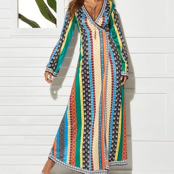 Green Stripe Surplice Maxi Dress - Women L - Picture 1 of 5